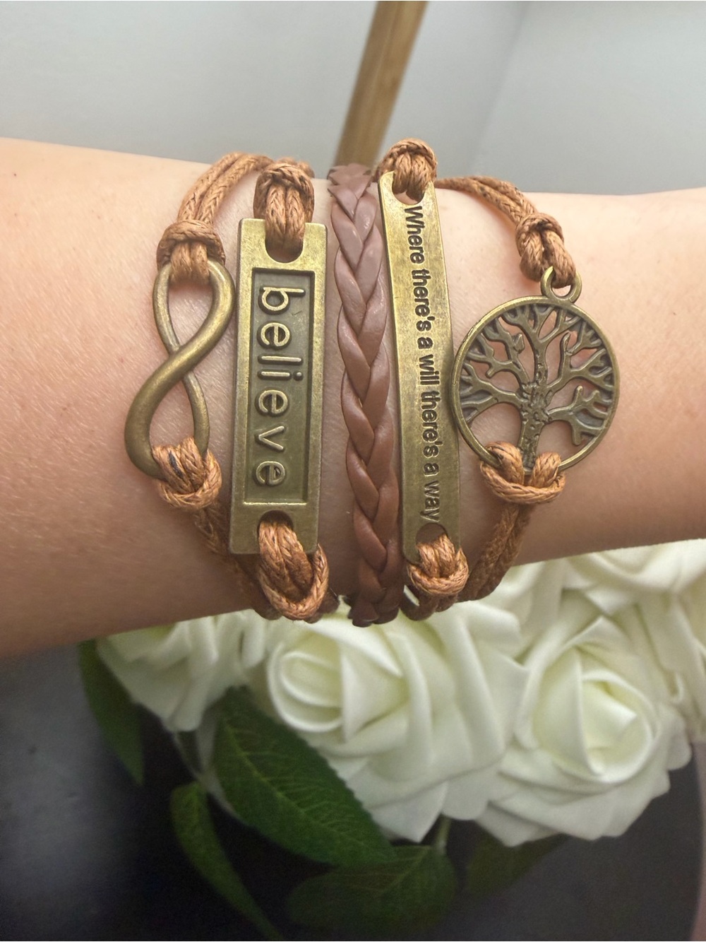 Brown leather bracelet with tree of life charm